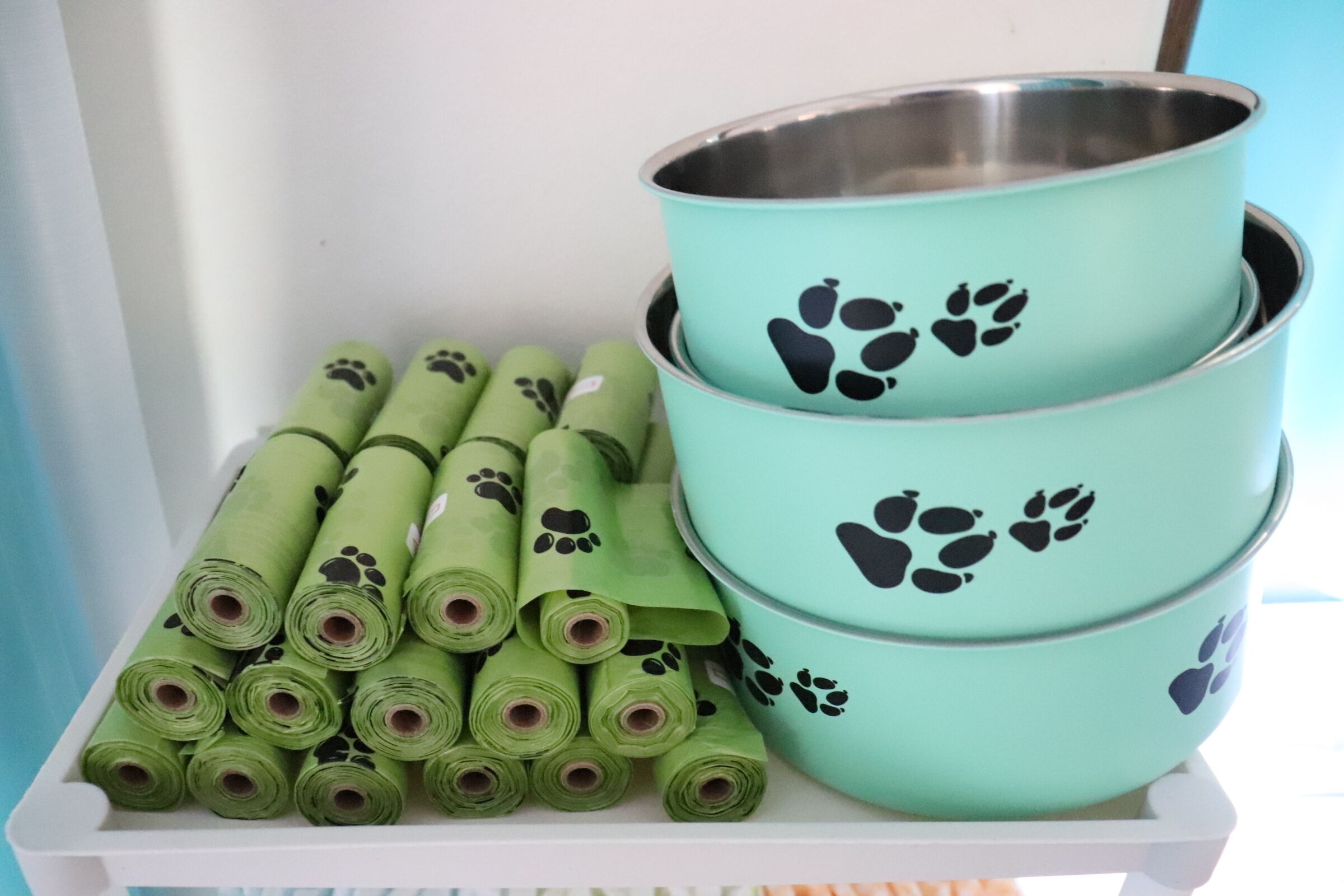 Et sæt teal dyrefoderskåle med sorte poteaftryk og en bakke med grønne, sammenrullet håndklæder med lignende poteaftryk.