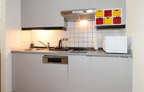 Een koelkast, een magnetron, een kookplaat, een vaatwasser