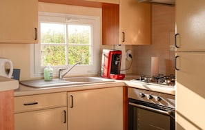 Fridge, oven, stovetop, coffee/tea maker