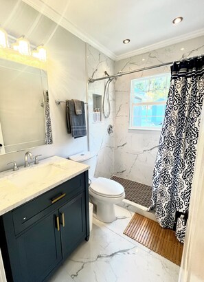 Shower, hair dryer, towels, soap