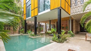 A modern indoor pool area with a clear pool, surrounded by plants and a wooden bench. - Manor Tulum (Tulum)
