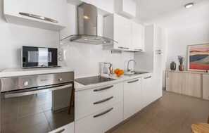 Fridge, stovetop, dishwasher, coffee/tea maker