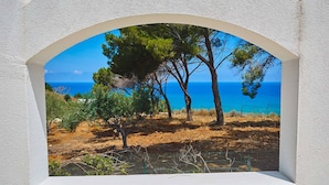 Una ventana con vistas a un paisaje costero, con árboles y el mar.