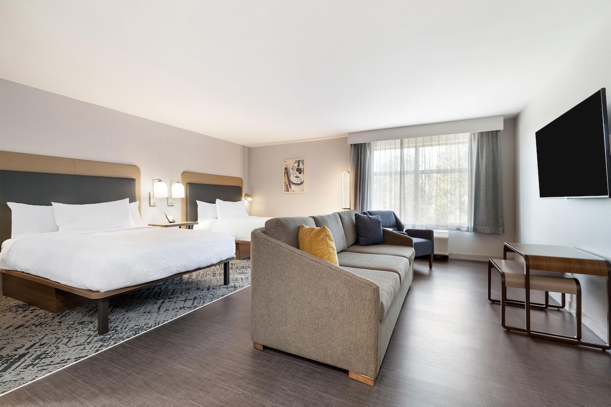 A hotel room with a large bed, a sofa, a desk, and a TV.