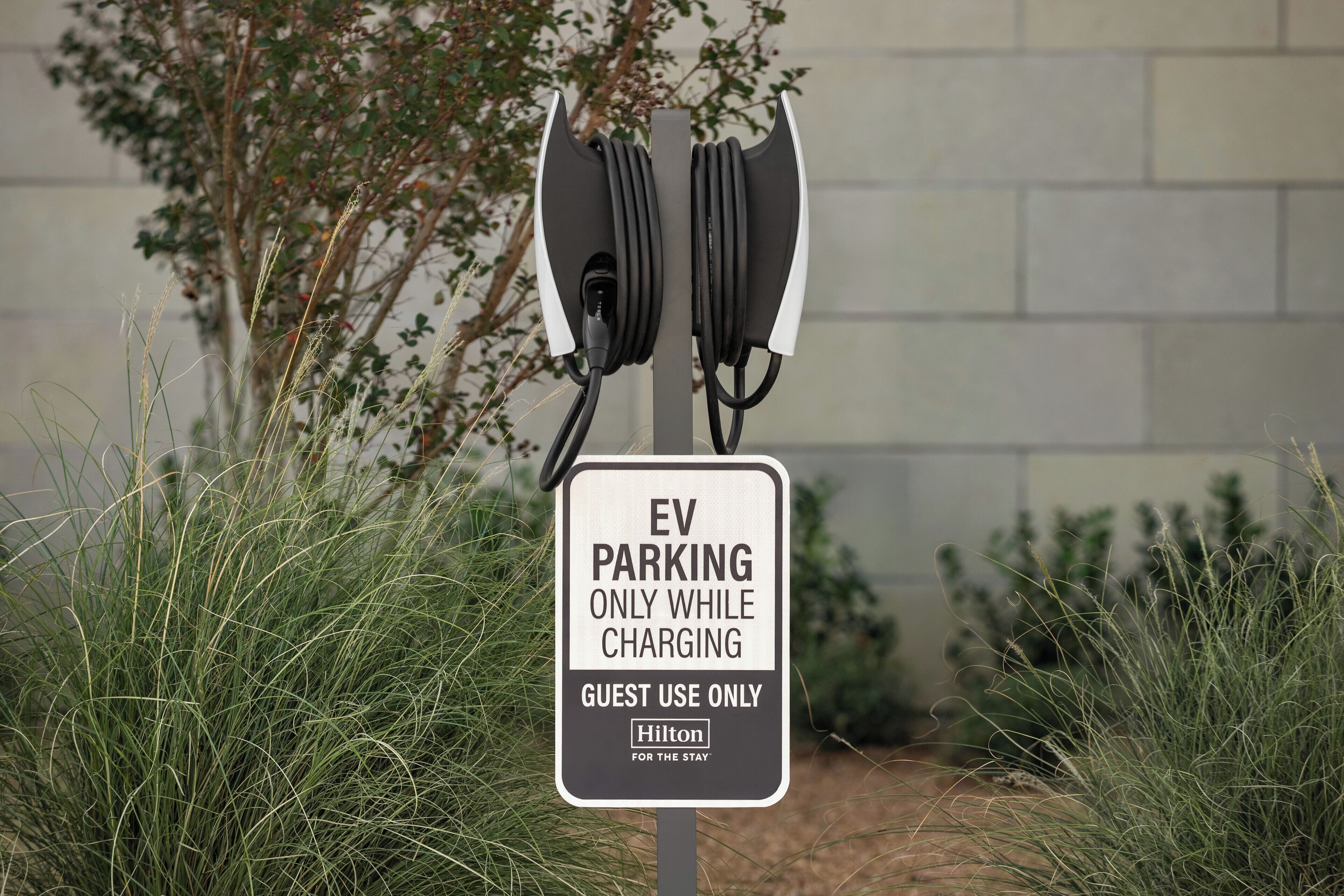 An EV charging station with a sign indicating it's for guest use only and only while charging.