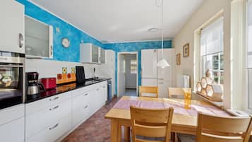 Fridge, stovetop, dishwasher, coffee/tea maker