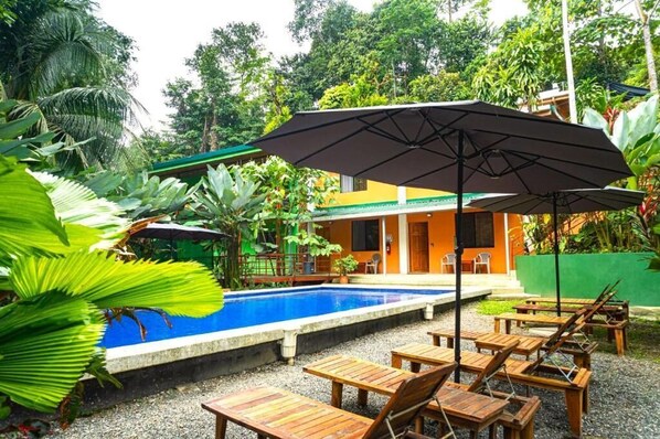 Zona de piscina con sillones de madera y sombrillas, rodeada de exuberante vegetación y un edificio con techo verde.