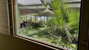 A room with a large window overlooking a lush indoor garden with various plants and a view of the outdoors. - H2O Eco Villa (ST Thomas)