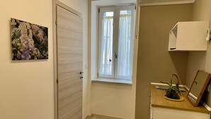 Ein schmaler Flur mit Holztür, einem Fenster mit durchsichtigen Vorhängen, einem kleinen Waschbecken und einem Blumentopf.