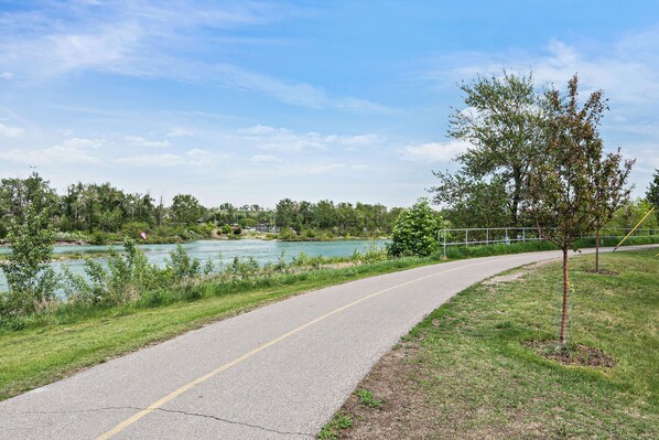A paved pathway alongside a river with a fence on one side and a tree on the other.