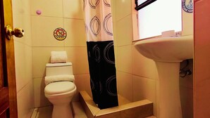Un bagno piccolo con il water, un lavandino e una tenda per la doccia.