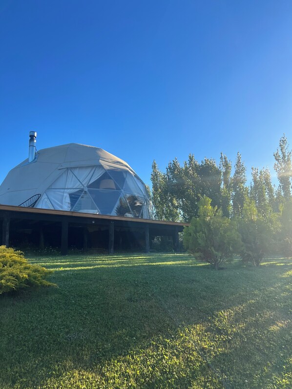A geodesic dome structure with a chimney, surrounded by a grassy area and trees.