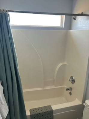 Hair dryer, towels, soap, toilet paper