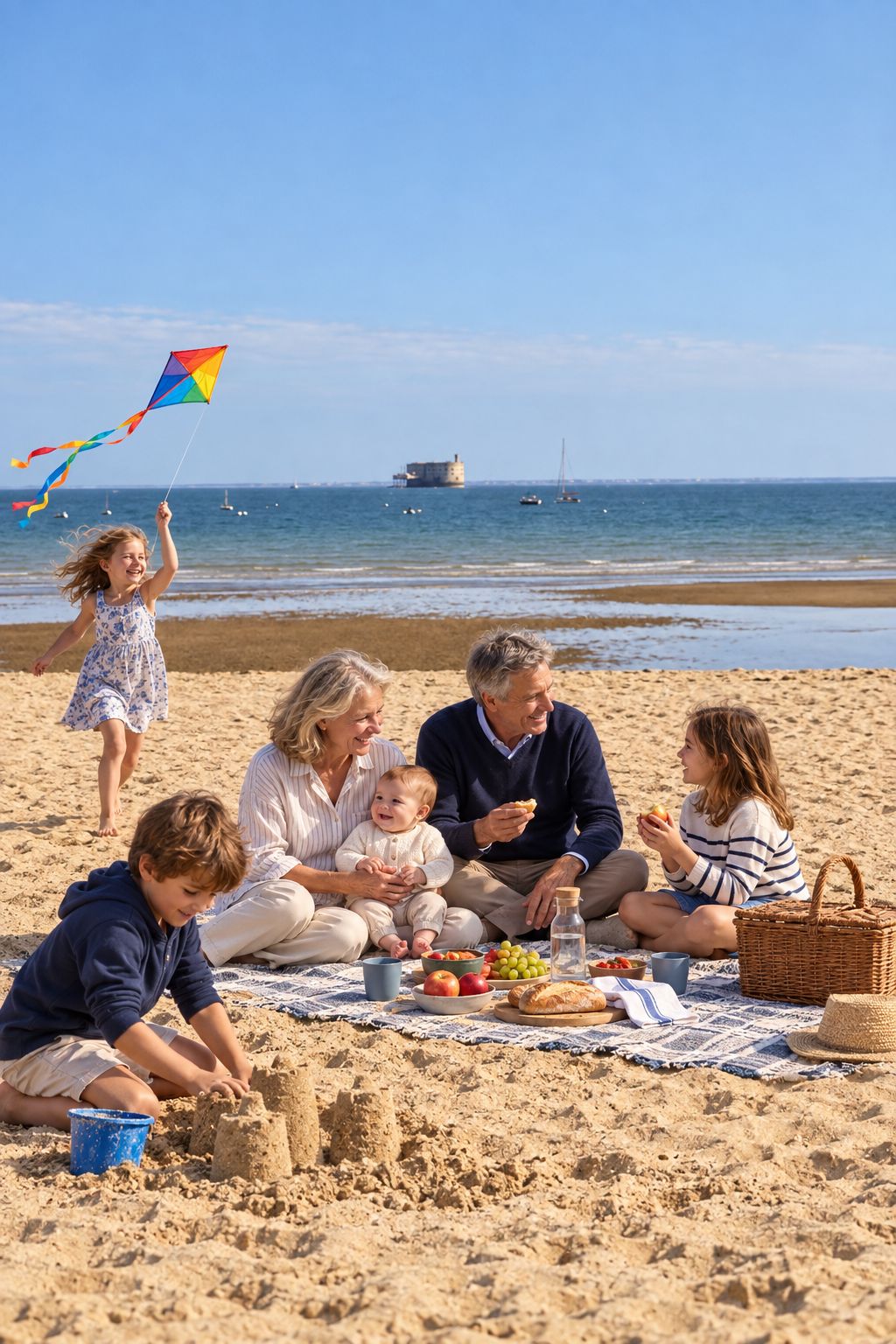 A family on a sandy beach with a picnic setup, including food and drinks.