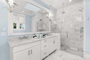 Shower, hair dryer, shampoo