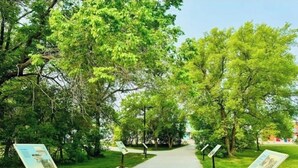 A pathway flanked by informational signs and lush green trees. - Lake Escape 1-minute walk to beach/Main st (Winnipeg Beach)
