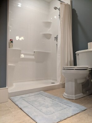 A bathroom with a walk-in shower, a toilet, and a bathtub. - Mountain House of Wonder (Qualicum Beach)