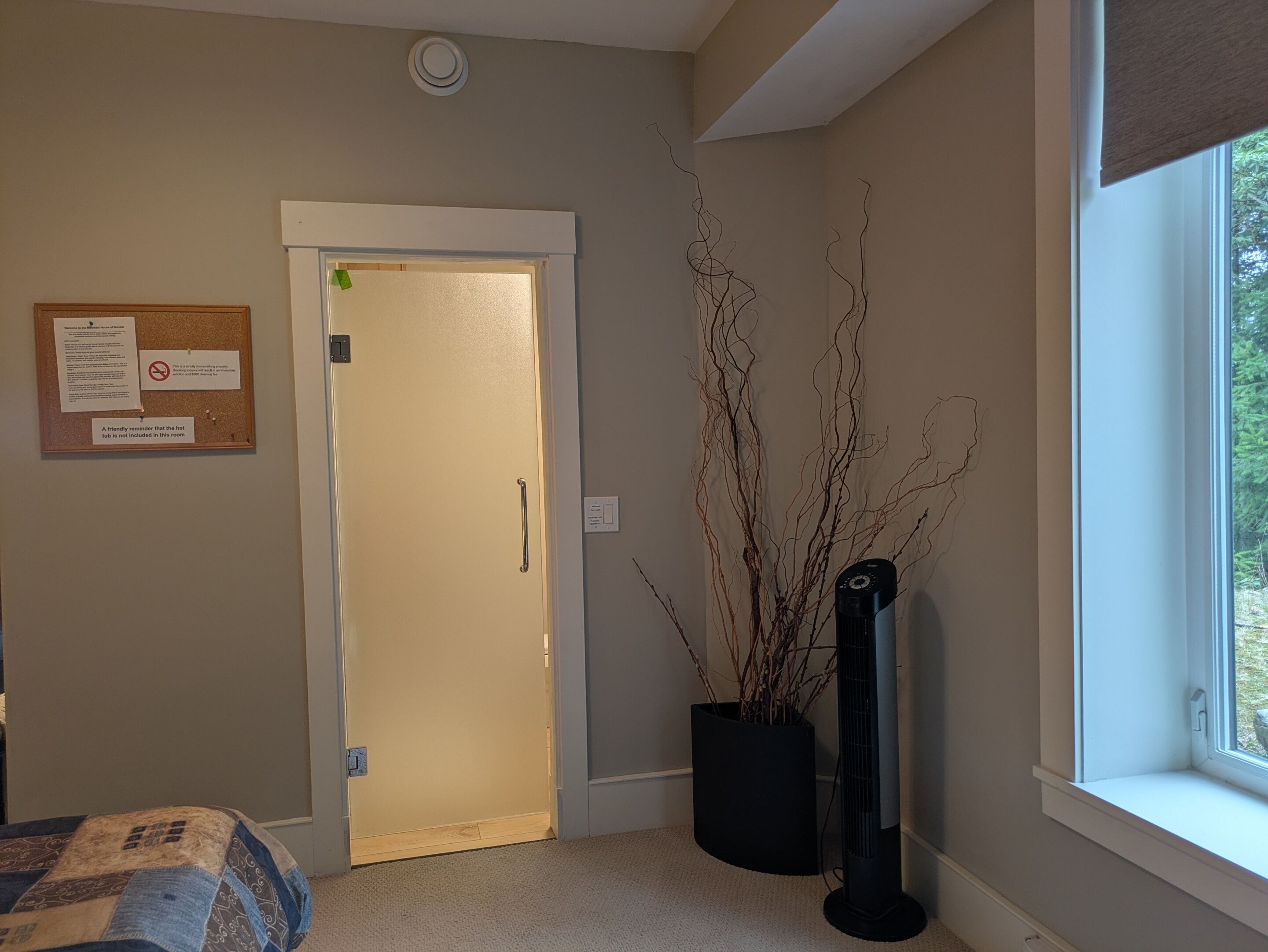 A room with a door, a bulletin board, a potted plant, and a window.
