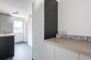 Eine moderne Küche mit Einbauofen, Spüle und Arbeitsplatte.