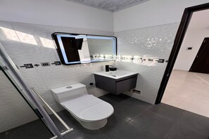 Een haardroger, handdoeken, zeep, toiletpapier