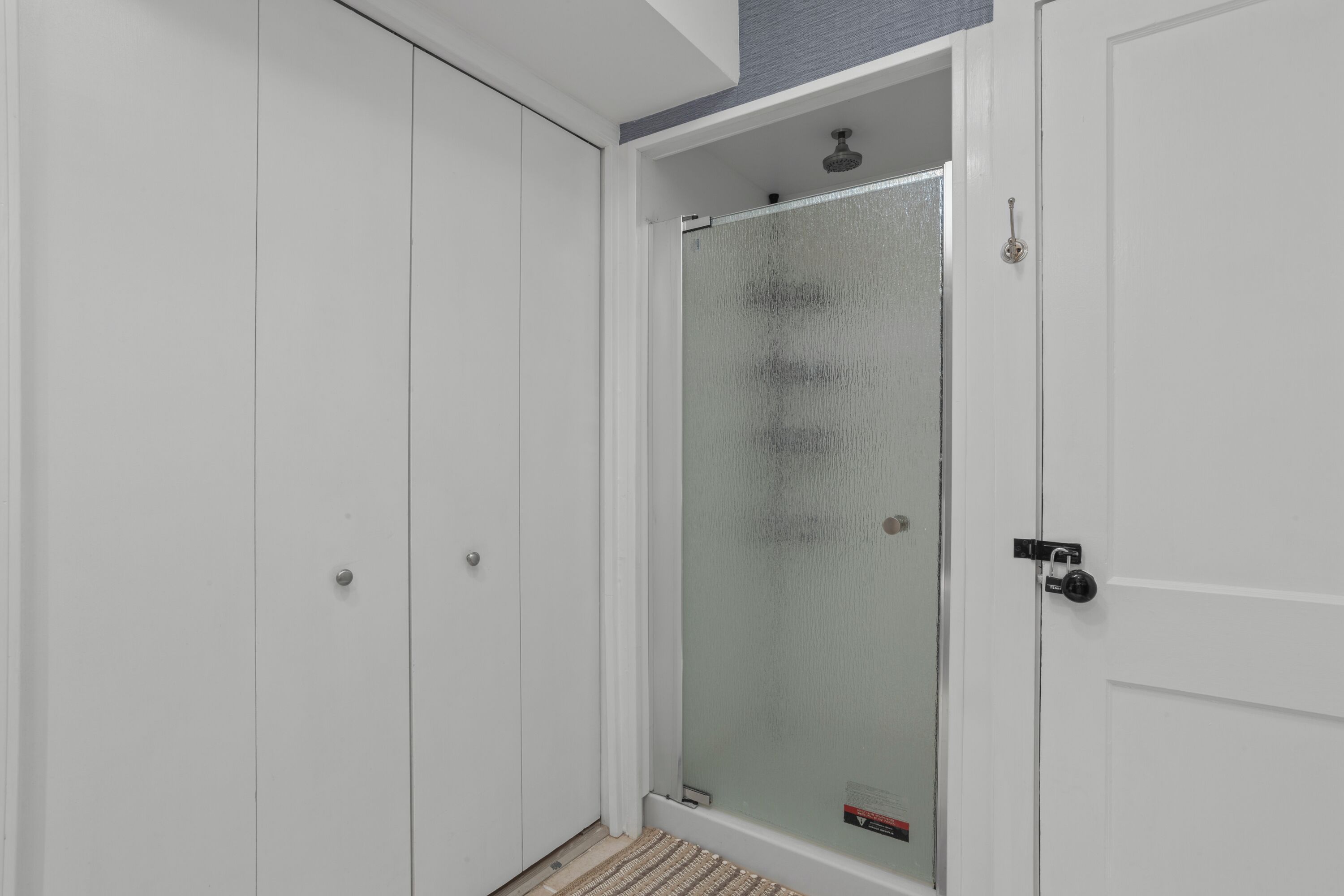 Een witte kamer met een douchecabine van glas, een witte deur en een klein vloerkleed.
