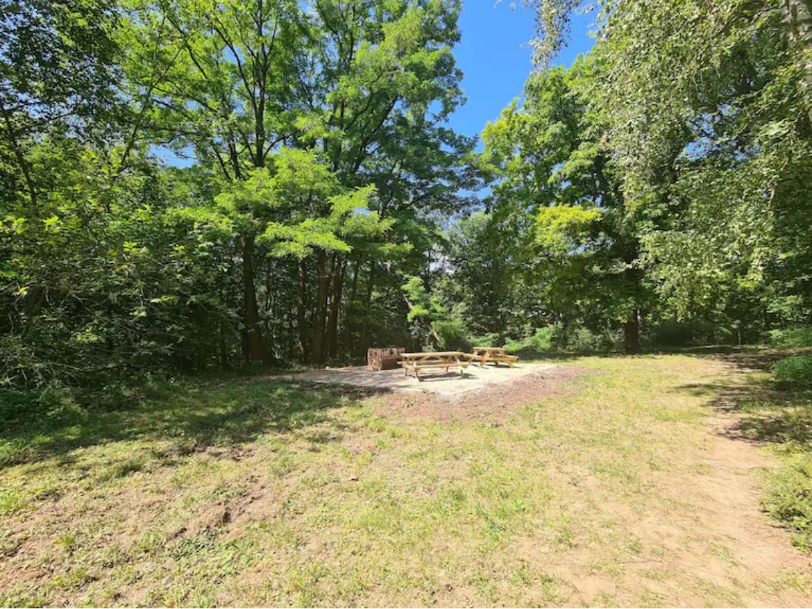 A picnic area with a wooden bench and picnic table surrounded by trees.