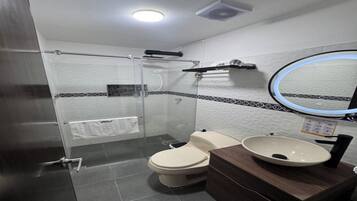 Hair dryer, bidet, towels, soap