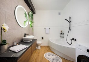Hair dryer, towels, soap, shampoo