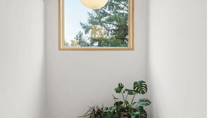A narrow room with a wooden bench, a window with a hanging light, and potted plants on a ledge.