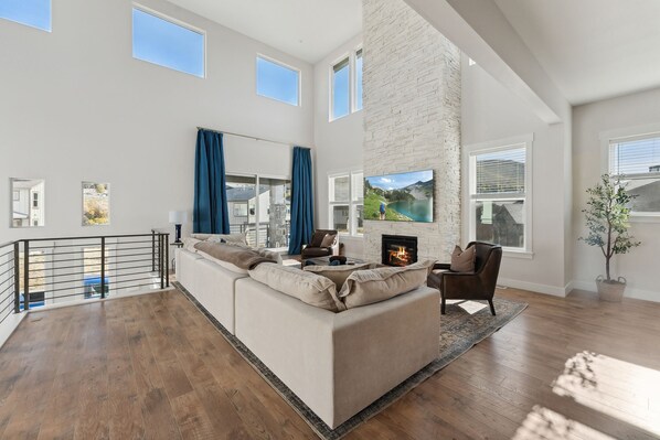 Smart TV, fireplace, video games, DVD player