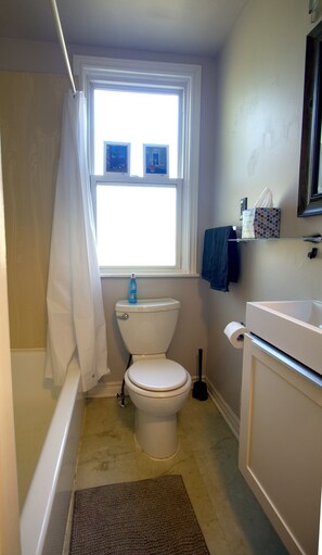 Hair dryer, towels, soap, shampoo