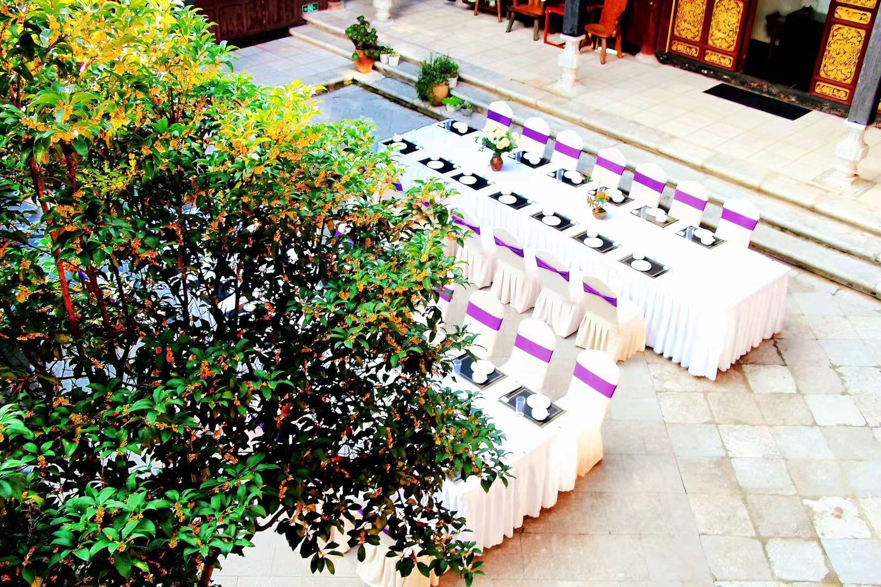 Une salle de banquet avec de longues tables dressées pour un événement formel, entourée d’une végétation luxuriante.