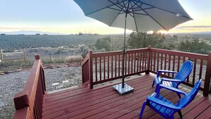 Une terrasse en bois avec une rambarde rouge, une chaise bleue et un grand parasol qui offre de l’ombre.