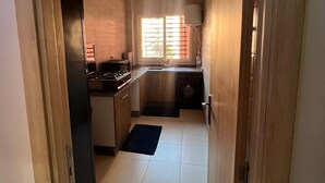 Una cocina compacta con estufa integrada, un lavamanos y una lavadora.