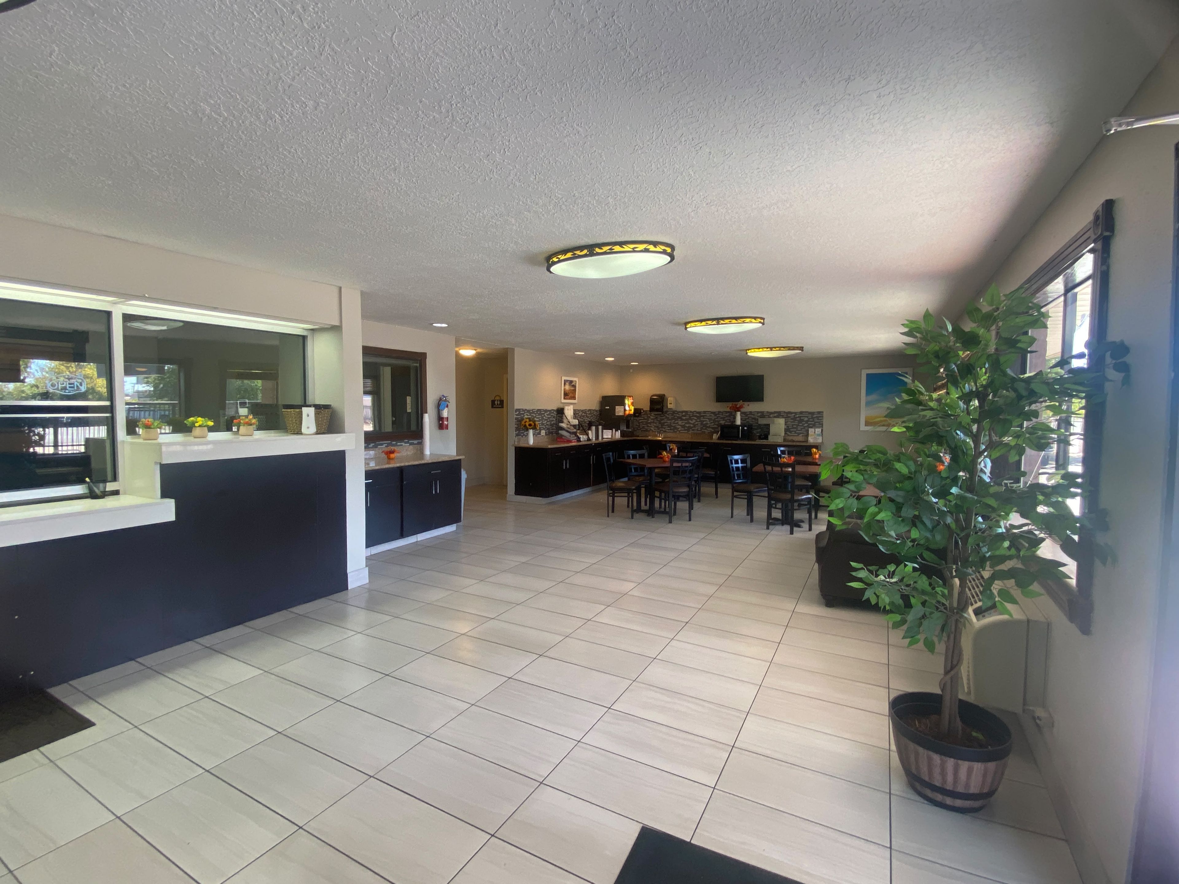 Una cocina moderna con barra, comedor y una planta en maceta.
