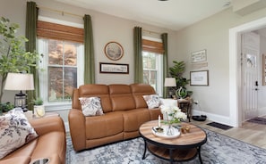Smart TV, fireplace, books, stereo