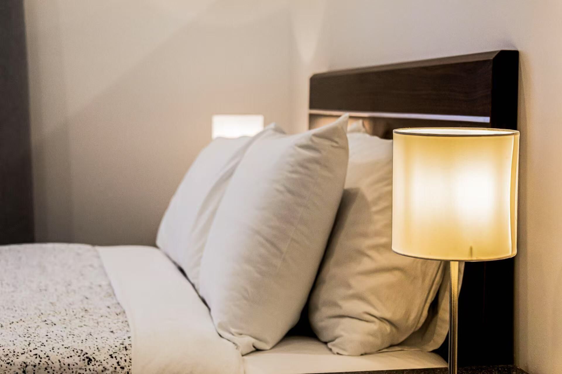 A neatly made bed with white linens and pillows, a bedside lamp, and a dark headboard.