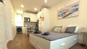 A compact room with a bed, a small kitchenette, and a washing machine.