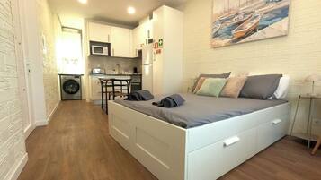A compact room with a bed, a small kitchenette, and a washing machine.