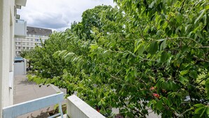Varanda com vista para uma rua arborizada e um edifício ao fundo.