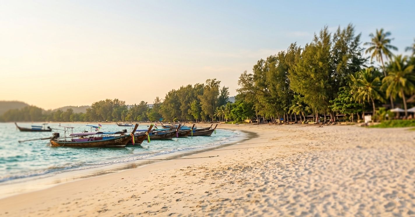 A beach with boats and palm trees.