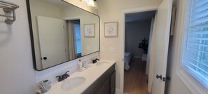 Hair dryer, towels, soap, toilet paper