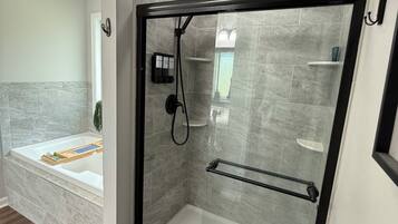 Hair dryer, bidet, towels, soap