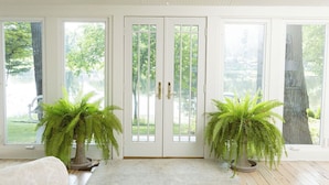 A room with a white door, two potted ferns, and large windows with a view of trees. - Lakefront Estate w/ Beach & Boat • Sleeps 30 • Near IN Dunes National Park (Valparaiso)
