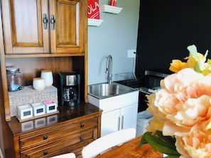 Réfrigérateur, micro-ondes, plaque de cuisson, cafetière/bouilloire
