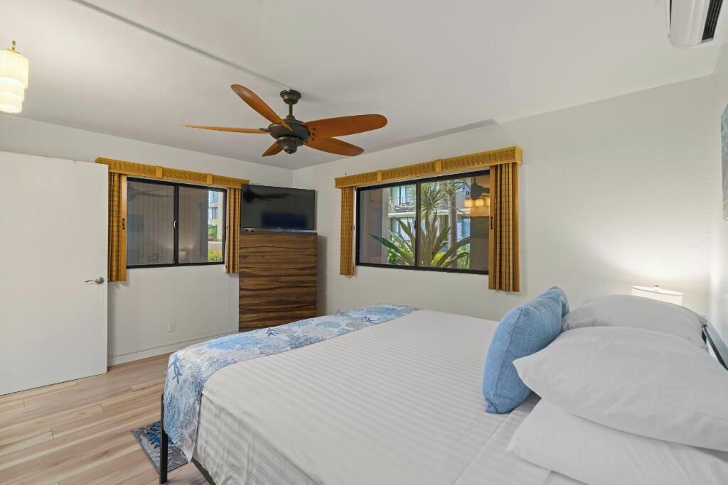 Un dormitorio con una cama, ventilador de techo, televisor y dos ventanas con cortinas.