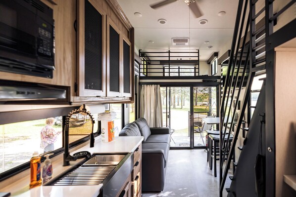 Interior - Tiny RV Escape with Stunning Lake Views, AC, WiFi (Nevis)