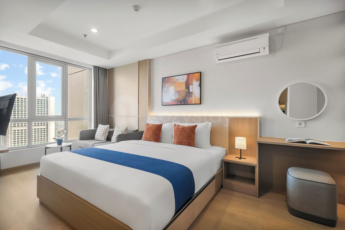 Apartemen, 1 kamar tidur, pemandangan kota | Setrika/meja setrika, Wi-Fi gratis, dan seprai linen