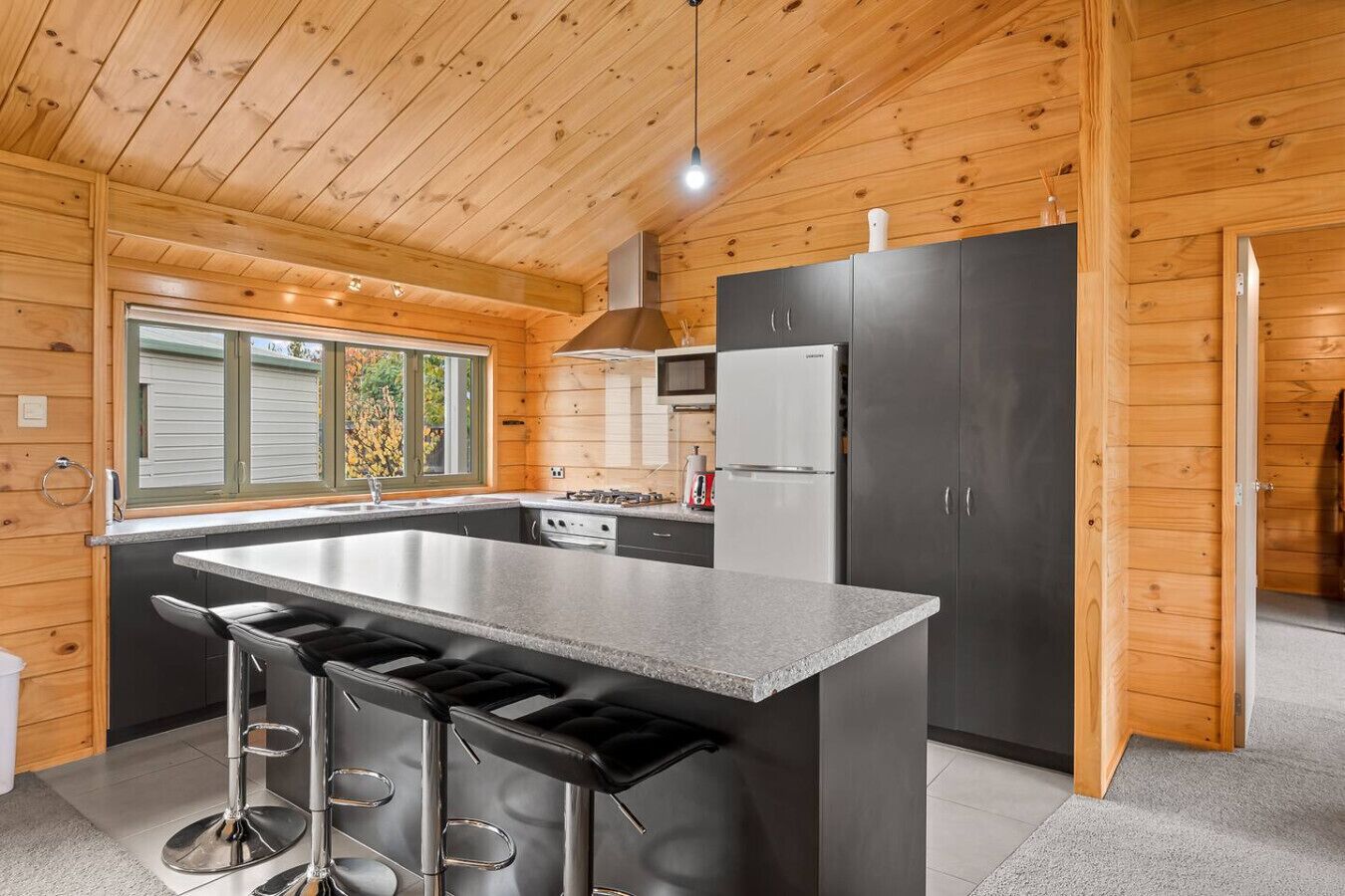 Frigorífico, microondas, horno y placa de cocina