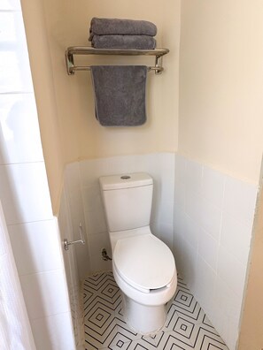 Douche, serviettes fournies, savon, papier toilette